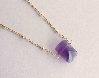 February Birthstone Necklace, Purple Amethyst Necklace Gold or Silver, Cushion Shape Genuine Gemstone Pendant, Amethyst Pendant Necklace