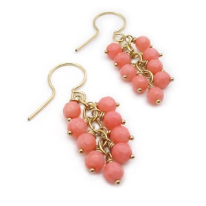 Dainty Pink Sea Bamboo Coral Gemstone Cluster Cascade Drop Earrings 14k Gold Filled or Sterling Silver, Summer Earrings