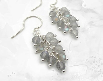 Genuine Labradorite Earrings Gemstone Cluster Cascade Drop Earrings Light Grey 14k Gold Filled or Sterling Silver Holiday Sparkle