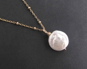 White Coin Pearl Pendant Necklace, Layering Necklace, Cultured Freshwater Pearl, Gift for Mom, June Birthstone (gold or silver)