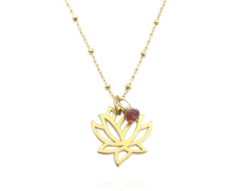 Gold Lotus Flower Pendant Necklace with Genuine Garnet Accent, January Birthstone Gemstone Necklace, Dainty Layering Necklace