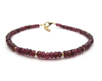 Dainty Garnet Bracelet, Genuine Gemstone Dark Red Bracelet, January Birthstone Healing Crystals Chakra Bracelet for Women (silver or gold)