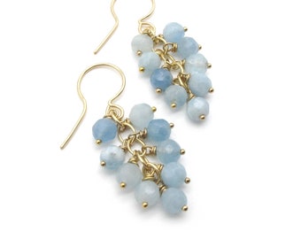 Aquamarine Earrings, Genuine Gemstone Cluster Cascade Earrings, Light Aqua Blue March Birthstone Gift (Gold Filled or Sterling Silver)