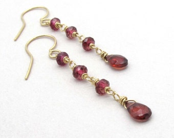 Genuine Garnet Long Dangle Earrings, January Birthstone Linear Earrings, Dainty Red Gemstone Earring (14k yellow gold filled)