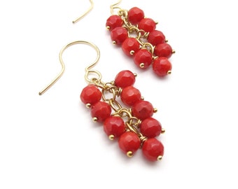 Dainty Red Sea Bamboo Coral Gemstone Cluster Cascade Drop Earrings 14k Gold Filled or Sterling Silver, Summer Earrings