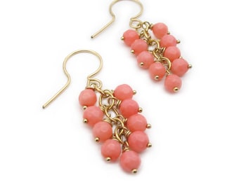 Dainty Pink Sea Bamboo Coral Gemstone Cluster Cascade Drop Earrings 14k Gold Filled or Sterling Silver, Summer Earrings