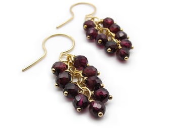 Dark Garnet Earrings, Genuine Gemstone Cluster Cascade Earrings, Deep Burgundy Red January Birthstone Gift (Gold Filled / Sterling Silver)