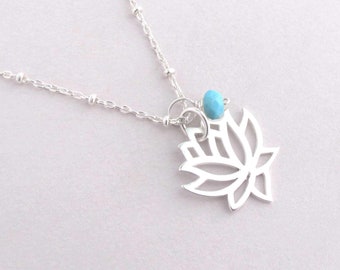 Custom Birthstone Silver Lotus Flower Necklace with Stone, Birthstone Gemstone Dainty Layering Necklace (PICK A STONE)