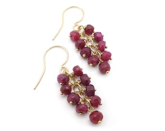 Genuine Ruby Earrings Gemstone Cluster Cascade Drop Earrings Dark Berry Red 14k Gold Filled or Sterling Silver, July Birthstone Gift