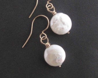 White Coin Pearl Earrings, Cultured Freshwater Pearls, Gift for Mom (14k gold filled, 14k rose gold filled, or sterling silver)