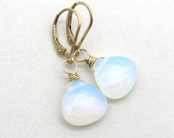 Simulated Opal Earrings, Opalite Glass Drop / "Sea Opal" Crystal Dangle Earrings, October Birthday Gift, Gold or Silver Leverback