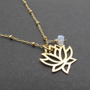 Gold Lotus Flower Necklace with Moonstone Charm, June Birthstone Birthday Gift, Dainty Layering Necklace, Lotus Pendant Necklace with Stone image 7