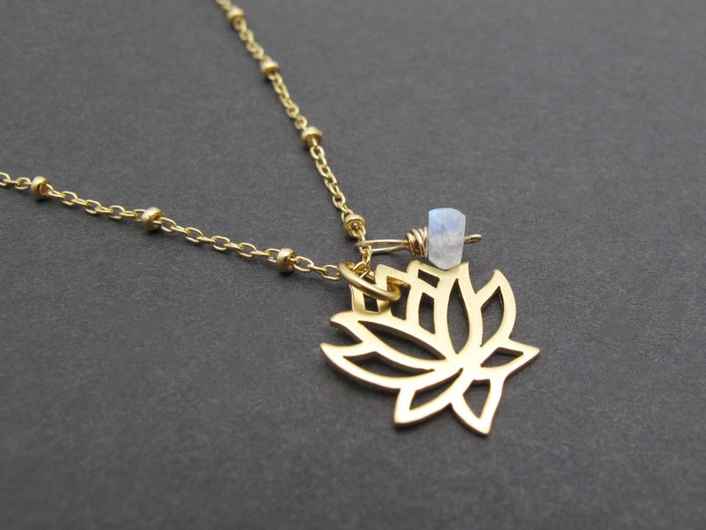 Gold Lotus Flower Necklace with Moonstone Charm, June Birthstone Birthday Gift, Dainty Layering Necklace, Lotus Pendant Necklace with Stone image 7