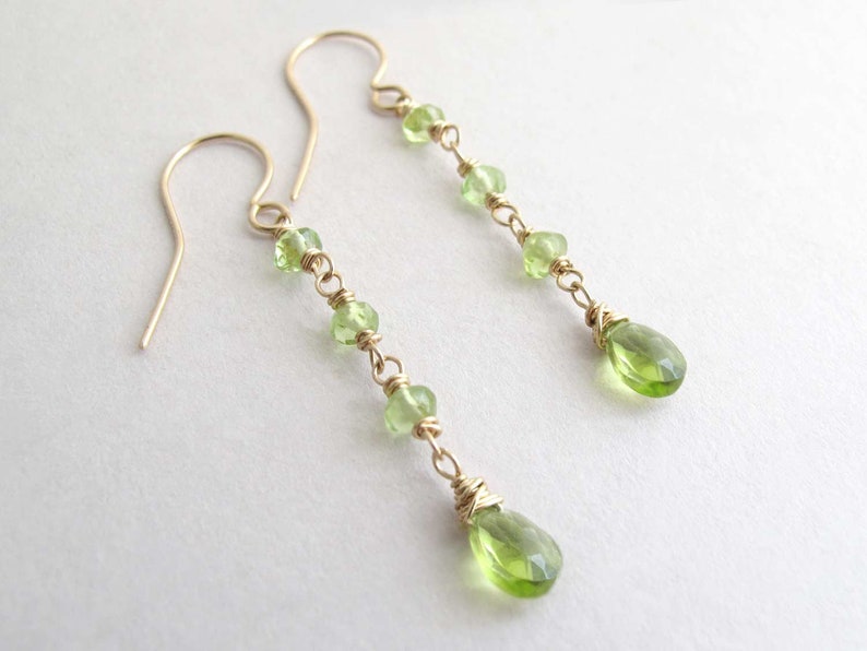 Long Peridot Earrings, Gemstone Dangle Earrings, August Birthstone Linear Earrings, Dainty Genuine Gemstone Green Earrings 14k gold filled image 6