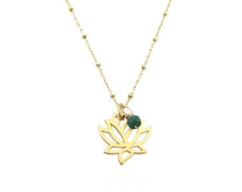 Gold Lotus Flower Necklace with Emerald Charm, May Birthstone Mindfulness Gift, Dainty Layering Necklace, Lotus Pendant Necklace w/ Stone