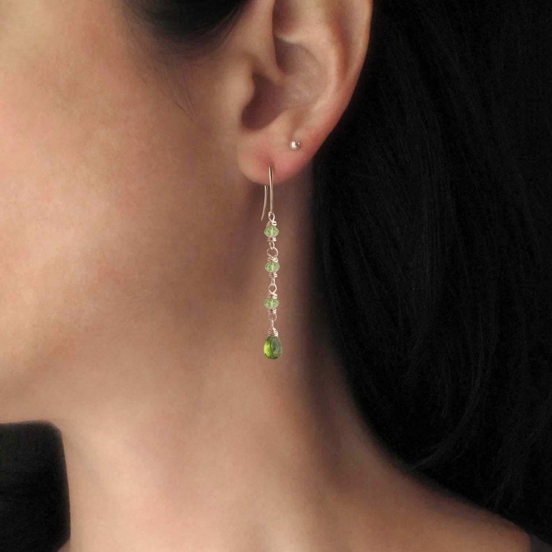 Long Peridot Earrings, Gemstone Dangle Earrings, August Birthstone Linear Earrings, Dainty Genuine Gemstone Green Earrings 14k gold filled image 2