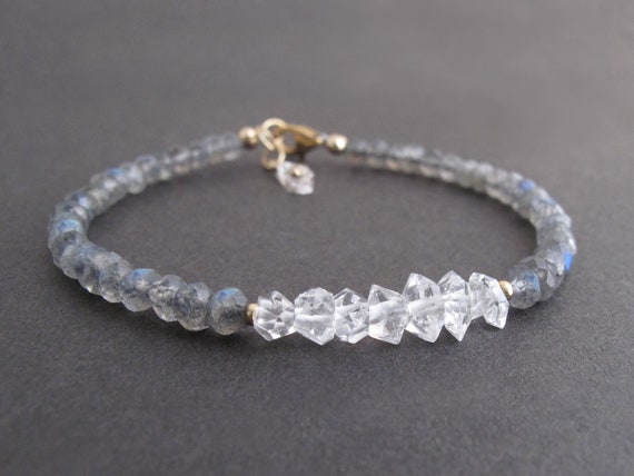 Dainty Labradorite + Herkimer Diamond Gemstone Bracelet, Delicate Boho Beaded Stacking Bracelet in 14k gold filled or sterling silver