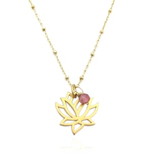 Openwork gold lotus flower pendant on dainty beaded satellite chain with small pink tourmaline gemstone charm