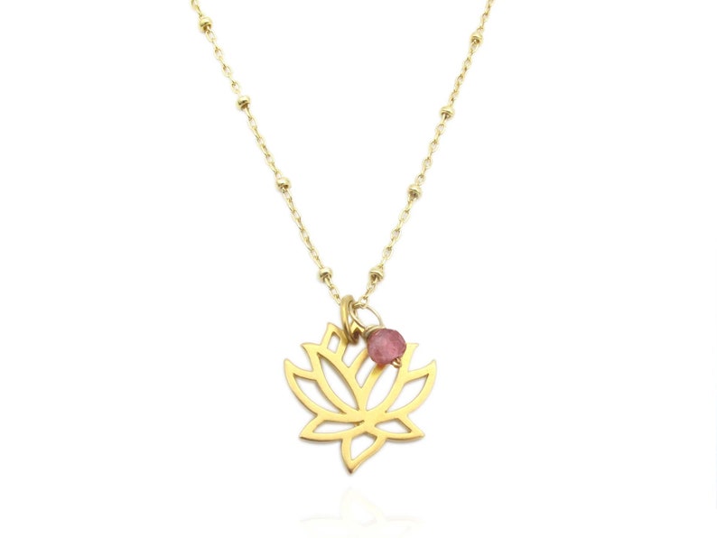 Openwork gold lotus flower pendant on dainty beaded satellite chain with small pink tourmaline gemstone charm