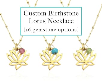 Custom Birthstone Gold Lotus Flower Necklace, Gemstone Charm with Lotus Pendant Necklace, Dainty Necklace, Yoga Teacher Gift (PICK A STONE)