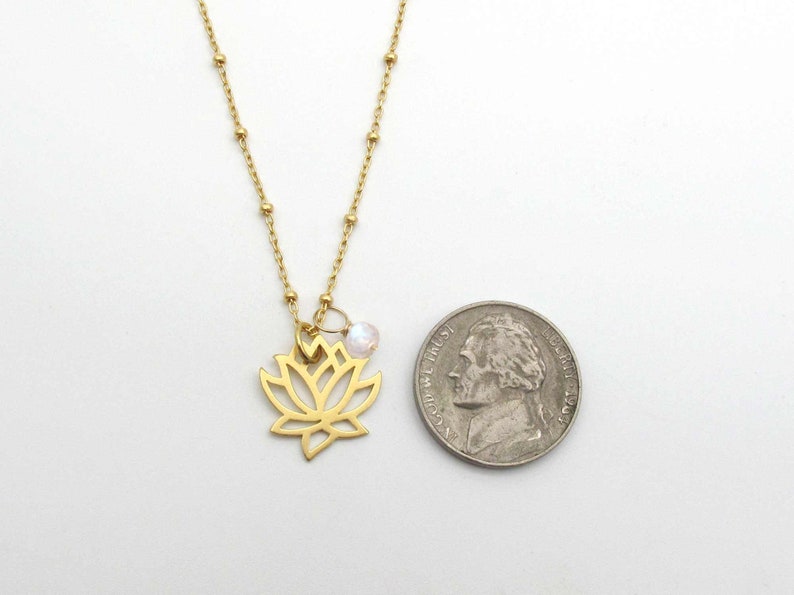 Gold Lotus Flower Necklace with Moonstone Charm, June Birthstone Birthday Gift, Dainty Layering Necklace, Lotus Pendant Necklace with Stone image 4