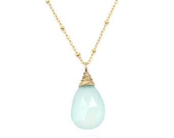 Aqua Chalcedony Gemstone Pendant Necklace, Seafoam Green Aqua Neon Bright Jewelry for Spring (14k gold filled)
