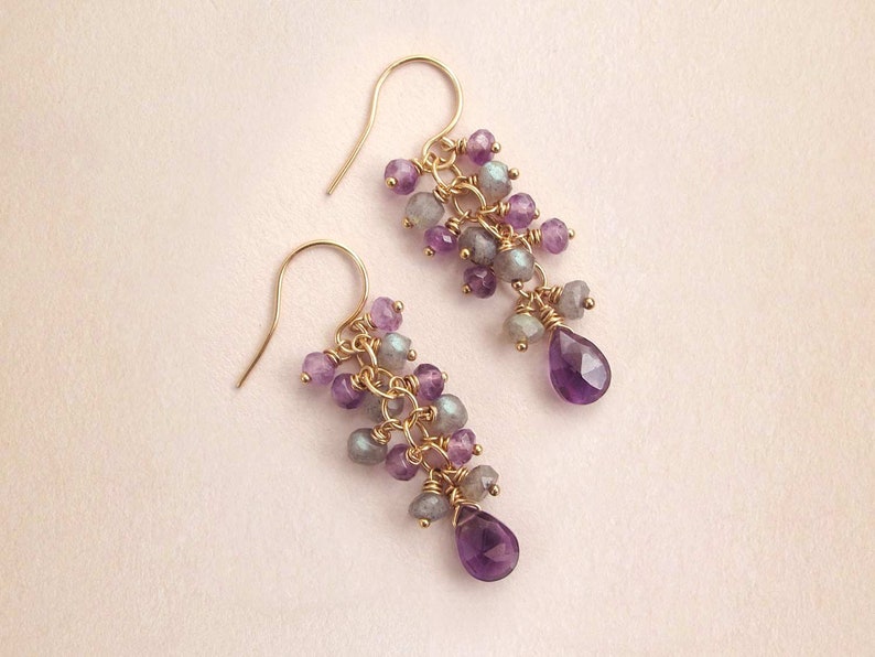 Amethyst Labradorite Earrings, Genuine Gemstone Cluster Cascade Dangle Earrings, February Birthstone Grey and Purple, 14k Gold Filled image 4