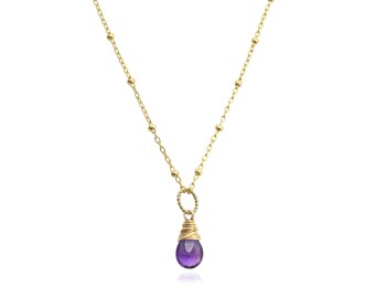 Dainty Amethyst Necklace, Petite Amethyst Drop Necklace, February Birthstone Purple Genuine Gemstone Pendant Necklace (Gold or Silver)