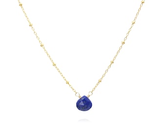 Dainty Lapis Necklace 9th Anniversary Gift for Wife, Genuine Gemstone Drop Blue Pendant Layering Necklace (Gold Filled or Sterling Silver)