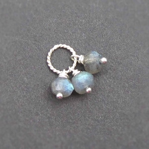 May include: A silver charm with three iridescent blue-grey labradorite stones.