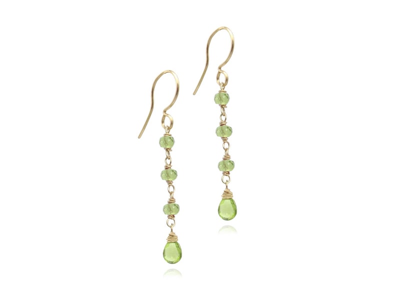 Long Peridot Earrings, Gemstone Dangle Earrings, August Birthstone Linear Earrings, Dainty Genuine Gemstone Green Earrings 14k gold filled image 1