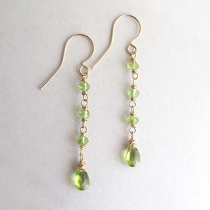 Long Peridot Earrings, Gemstone Dangle Earrings, August Birthstone Linear Earrings, Dainty Genuine Gemstone Green Earrings 14k gold filled image 8