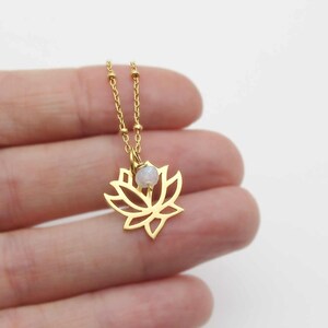 Gold Lotus Flower Necklace with Moonstone Charm, June Birthstone Birthday Gift, Dainty Layering Necklace, Lotus Pendant Necklace with Stone image 5