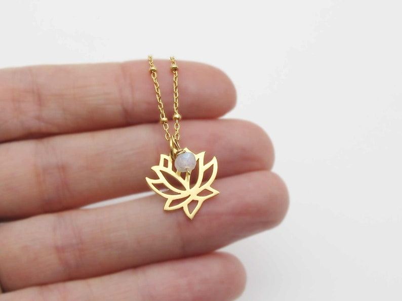 Gold Lotus Flower Necklace with Moonstone Charm, June Birthstone Birthday Gift, Dainty Layering Necklace, Lotus Pendant Necklace with Stone image 5