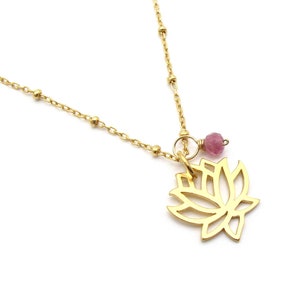 Gold Lotus Flower Necklace with Pink Tourmaline Charm, October Birthstone Gift Dainty Gemstone Layering Necklace, 8th Anniversary Gift image 8