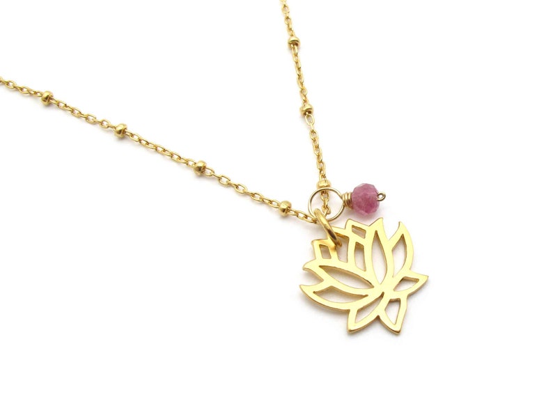 Gold Lotus Flower Necklace with Pink Tourmaline Charm, October Birthstone Gift Dainty Gemstone Layering Necklace, 8th Anniversary Gift image 8