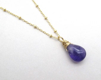Natural Amethyst Pendant Necklace, Dark Purple Genuine Gemstone Necklace, February Birthstone Gift (14k gold filled or sterling silver)
