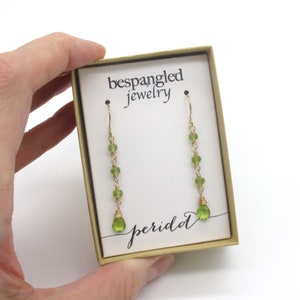 Long Peridot Earrings, Gemstone Dangle Earrings, August Birthstone Linear Earrings, Dainty Genuine Gemstone Green Earrings 14k gold filled image 4
