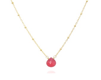Bright Pink Chalcedony Necklace Gold, Dainty Delicate Gemstone Layering Necklace, Hot Pink (14k Gold Filled or Sterling Silver)