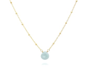 Dainty Aquamarine Necklace March Birthstone Gift, Genuine Gemstone Drop Aqua Blue Pendant Necklace (Gold Filled or Sterling Silver)