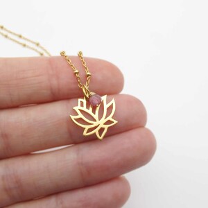 Gold Lotus Flower Necklace with Pink Tourmaline Charm, October Birthstone Gift Dainty Gemstone Layering Necklace, 8th Anniversary Gift image 6
