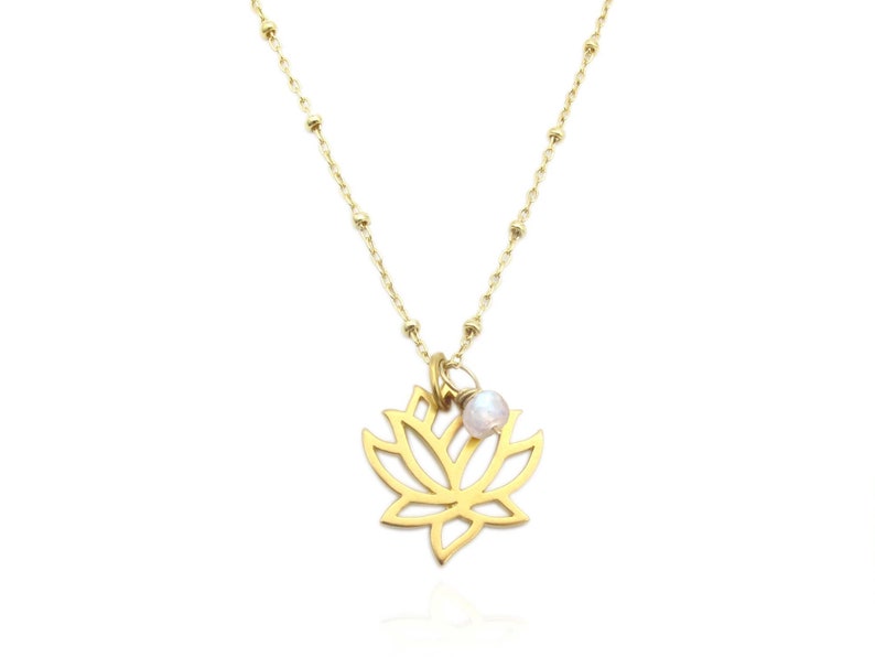 Gold Lotus Flower Necklace with Moonstone Charm, June Birthstone Birthday Gift, Dainty Layering Necklace, Lotus Pendant Necklace with Stone image 1