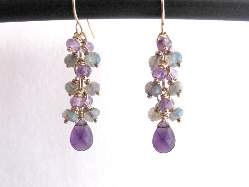 Amethyst Labradorite Earrings, Genuine Gemstone Cluster Cascade Dangle Earrings, February Birthstone Grey and Purple, 14k Gold Filled image 7