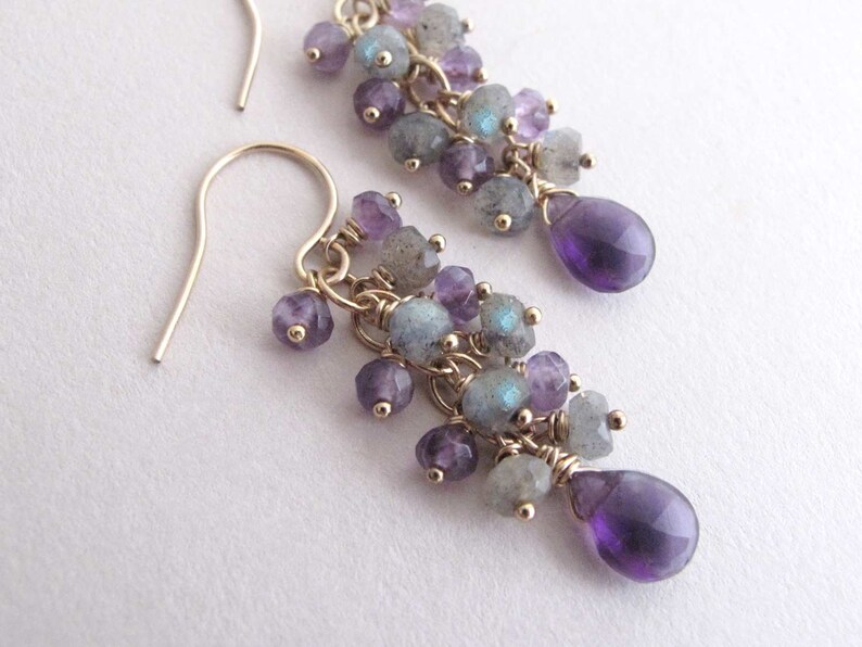 Amethyst Labradorite Earrings, Genuine Gemstone Cluster Cascade Dangle Earrings, February Birthstone Grey and Purple, 14k Gold Filled image 6