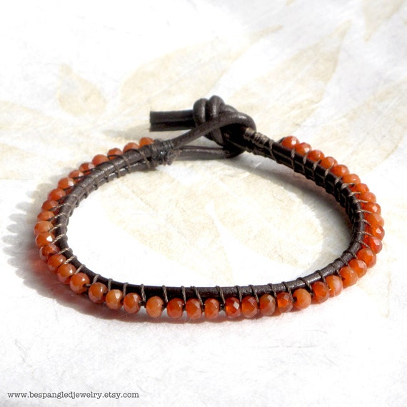 Items similar to Tangerine Tango Orange Beaded Leather Wrap Bracelet ...
