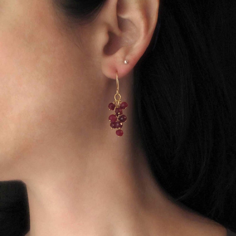 Genuine Ruby Earrings Gemstone Cluster Cascade Drop Earrings Dark Berry Red 14k Gold Filled or Sterling Silver, July Birthstone Gift image 2