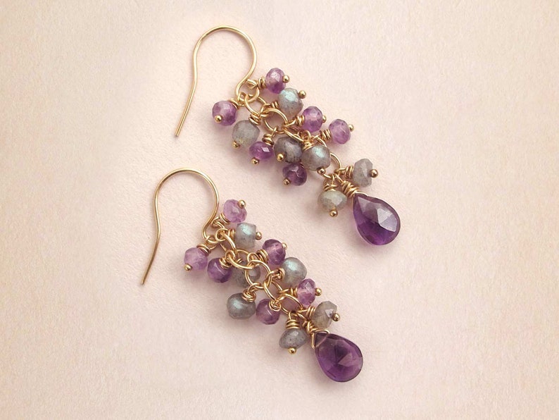 Amethyst Labradorite Earrings, Genuine Gemstone Cluster Cascade Dangle Earrings, February Birthstone Grey and Purple, 14k Gold Filled image 1