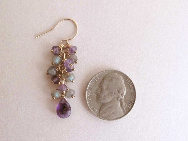 Amethyst Labradorite Earrings, Genuine Gemstone Cluster Cascade Dangle Earrings, February Birthstone Grey and Purple, 14k Gold Filled image 3