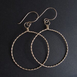 May include: A pair of gold-toned hoop earrings with a twisted wire design.