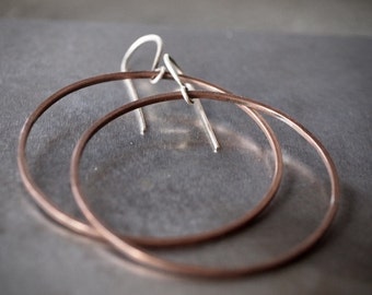 Classic extra large and thin oxidized copper hoop earrings